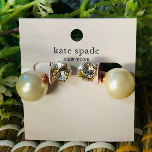 Kate Spade 2-in-1 Reversible Pearl & Crystal Stud Earrings Gold Front Back NWT - Picture 2 of 2
